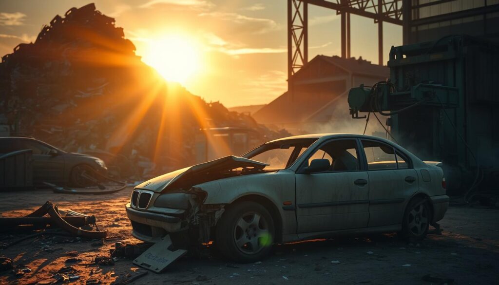 A dimly lit junkyard at dusk, with a crushed and dilapidated car in the foreground. Sunlight filters through the dust and debris, casting a warm, golden glow. In the background, a towering pile of scrap metal and crushed vehicles, symbolizing the scale of the problem. Nearby, a worker operates a hydraulic press, compacting the car to prepare it for recycling. The scene conveys a sense of environmental consciousness and the importance of properly disposing of and recycling junk cars to reduce their carbon footprint.