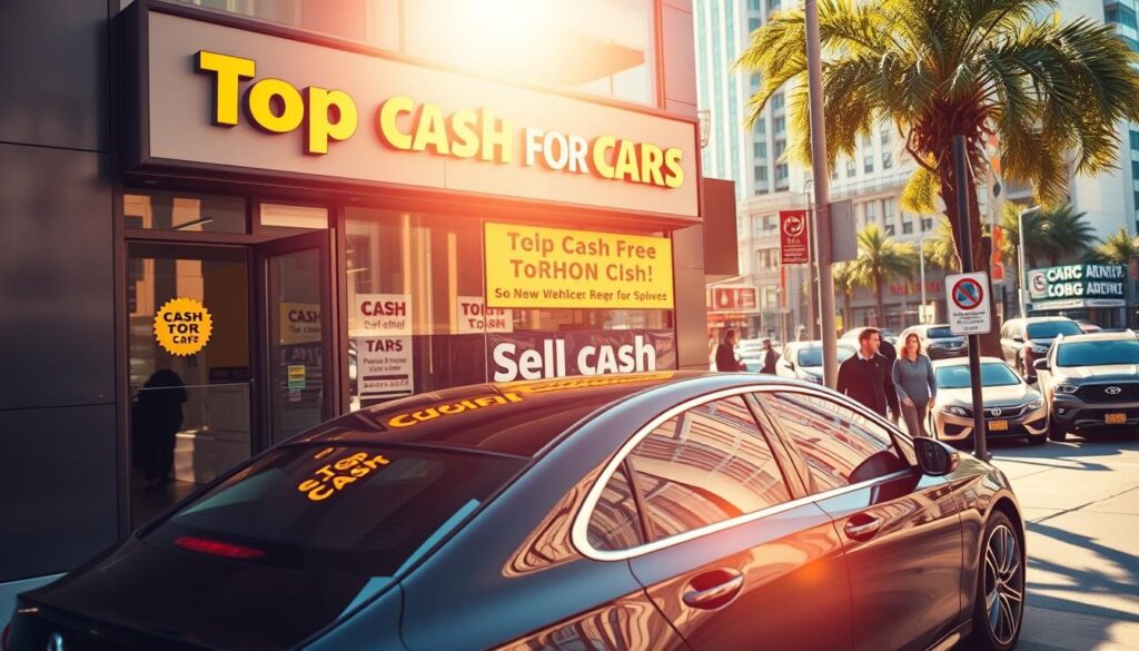 A modern, sleek cash-for-cars storefront, bathed in warm afternoon sunlight. In the foreground, a shiny, well-maintained sedan parked prominently, its glossy paint reflecting the vibrant surroundings. The middle ground features the storefront's signage, prominently displaying the "Top Cash for Cars" offer in a bold, eye-catching font. The background showcases a bustling urban street, with pedestrians and other vehicles passing by, creating a sense of activity and opportunity. The overall atmosphere conveys a professional, trustworthy, and hassle-free experience for those looking to sell their vehicles for cash.