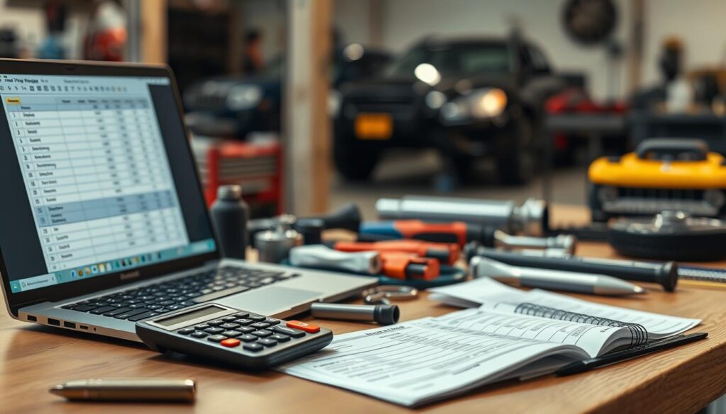 A neatly organized workbench with various automotive tools and parts, including a calculator, receipts, and a laptop displaying a spreadsheet of repair costs. Warm, focused lighting illuminates the scene, creating a sense of careful planning and budgeting. The background features a blurred garage setting, suggesting a larger context of vehicle maintenance and repair. The overall mood conveys a thoughtful, analytical approach to managing the financial aspects of auto care.