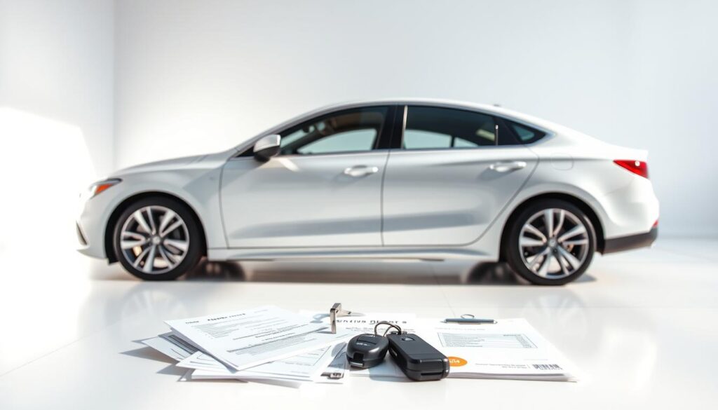 A pristine used car gleams under natural light, showcasing its sleek exterior in a well-lit, minimalist setting. The vehicle is positioned at a slight angle, highlighting its dynamic curves and contours. In the foreground, a neatly organized array of car-selling documents and accessories, such as keys and a price tag, suggest a streamlined, hassle-free transaction. The background features a clean, uncluttered environment, creating a sense of focus and professionalism, emphasizing the effortless process of selling one's used car for cash.