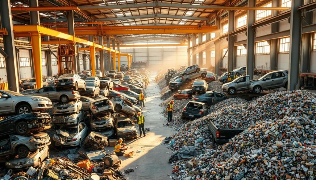Eco-friendly junk car recycling process. A sprawling industrial facility with towering cranes and conveyor belts meticulously dismantling abandoned vehicles. Stacks of crushed car bodies, heaps of sorted metals, plastics, and other recyclable materials. Sunlight streams through the windows, casting a warm, natural glow on the scene. Workers in protective gear carefully extract and segregate components, maximizing the reuse and repurposing of materials. The atmosphere exudes efficiency, environmental consciousness, and a sense of purpose in giving new life to discarded automobiles. A harmonious blend of machinery and human effort, showcasing a sustainable solution to the challenge of automotive waste.