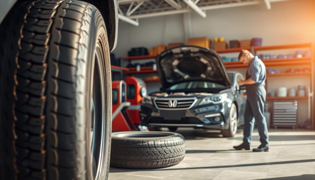 Seasonal auto care: A warm, sunny scene with a well-maintained vehicle undergoing seasonal maintenance. In the foreground, a mechanic in overalls carefully inspects the tires, checking their tread depth and pressure. In the middle ground, a car is parked, its hood open, as the mechanic performs a comprehensive inspection, checking fluids and components. The background features a neatly organized auto shop, with shelves of spare parts and tools, bathed in soft, diffused lighting. The overall atmosphere conveys a sense of diligence, attention to detail, and a commitment to keeping the vehicle in peak condition for the upcoming season.